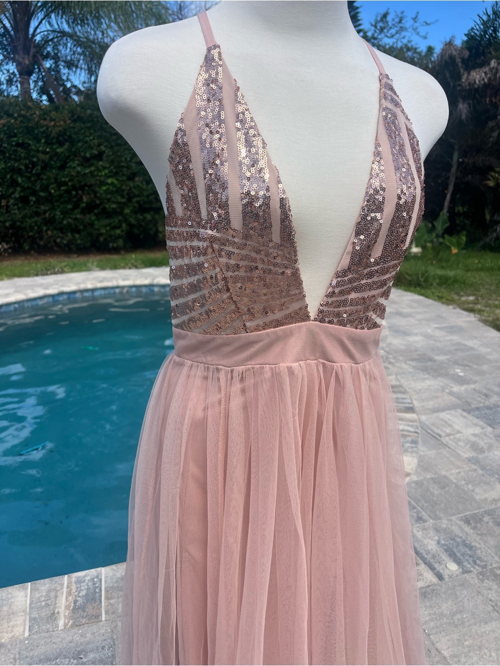Plunge V-Neck Blush Pink Tulle Dress Prom - Picture 3 of 11